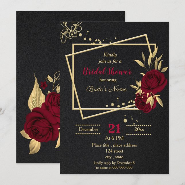 Invitation douche à nuptiale noire à fleurs d'or bordeaux (Devant / Derrière)
