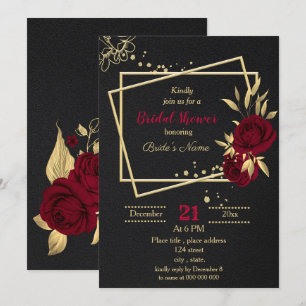 Invitation douche à nuptiale noire à fleurs d'or bordeaux