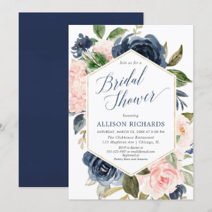Invitation Douche à nuptiale rose et bleu marine