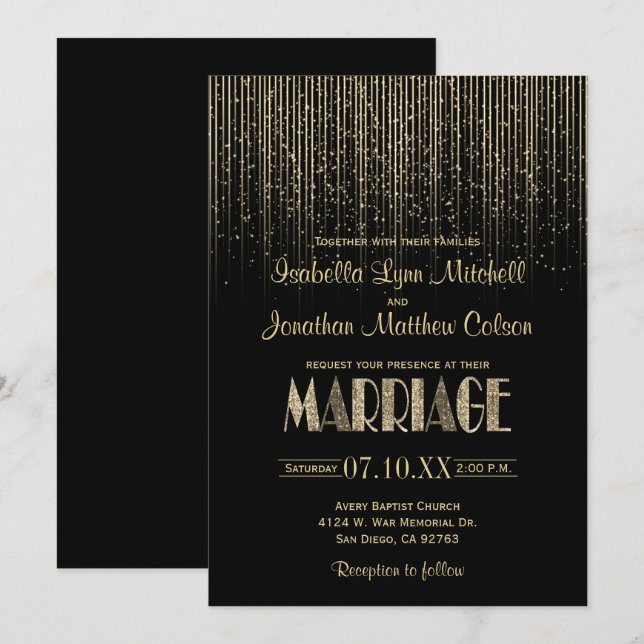 Invitation Douche à pluie Gold Star et Mariage noir (Devant / Derrière)