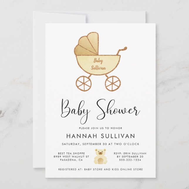 Invitation Douche Aquarelle Retro Carriage Jaune Or (Devant)