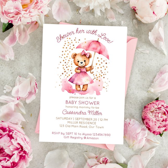 Invitation Douche avec amour fille baby shower ours en peluch (Shower with love girl teddy bear baby shower template invitation digital download cute teddy umbrell)
