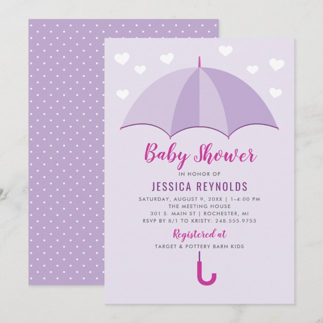 Invitation Douche avec Baby shower parapluie mauve Amour (Devant / Derrière)