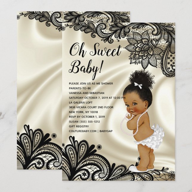Invitation Douche bébé blanche ivoire et dentelle noire (Devant / Derrière)