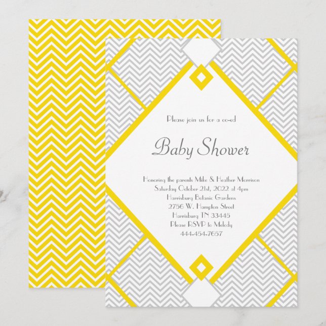 Invitation Douche bébé jaune et gris Co-Ed Genre Neutre (Devant / Derrière)
