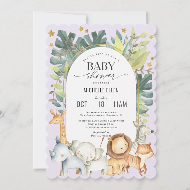 Invitation Douche bébé mignonne avec thème Safari violet (Devant)