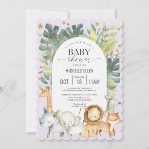 Invitation Douche bébé mignonne avec thème Safari violet