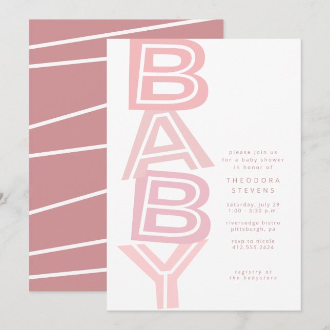 Invitation Douche bébé moderne et rose vif (Devant / Derrière)