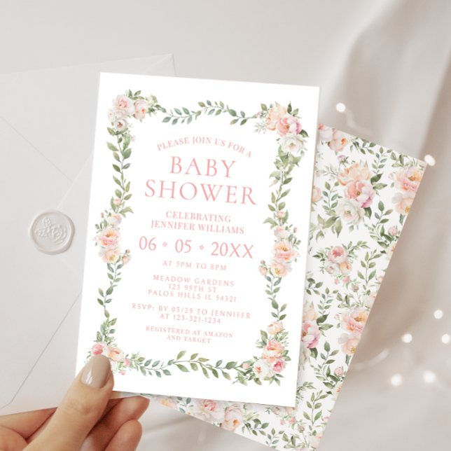 Invitation Douche bébé rose pastel bohème fleurie (Créateur téléchargé)