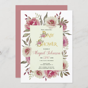 Invitation Douche bébé rose poussiéreux fleurs d'aquarelle fi