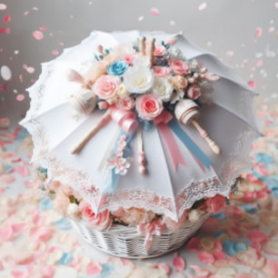 INVITATION DOUCHE BLANCHE CLASSÉE FLEURS EN PARAPLUIE, BABY R