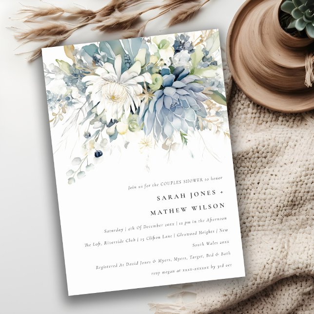 Invitation Douche bleu doux Vert Succulent Floral Couples Dou (Créateur téléchargé)