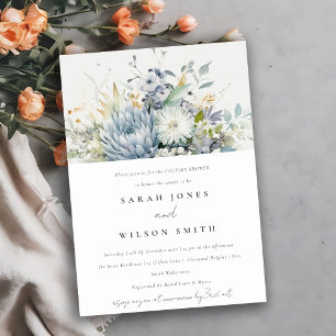 Invitation Douche bleu doux Vert Succulent Floral Couples Dou