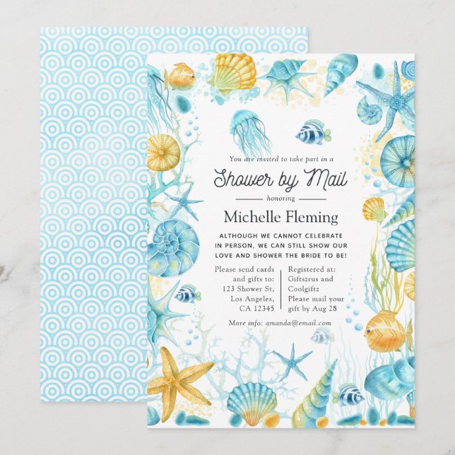 Invitation Douche bleu et jaune Sea Life par courrier (Devant / Derrière)