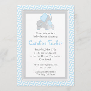 Invitation Douche bleue et grise Chevron de bébé d'éléphant