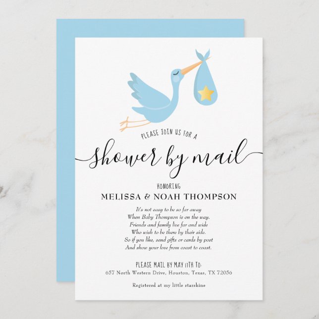 Invitation Douche Bleue Par Courrier Distance Frottée (Devant / Derrière)