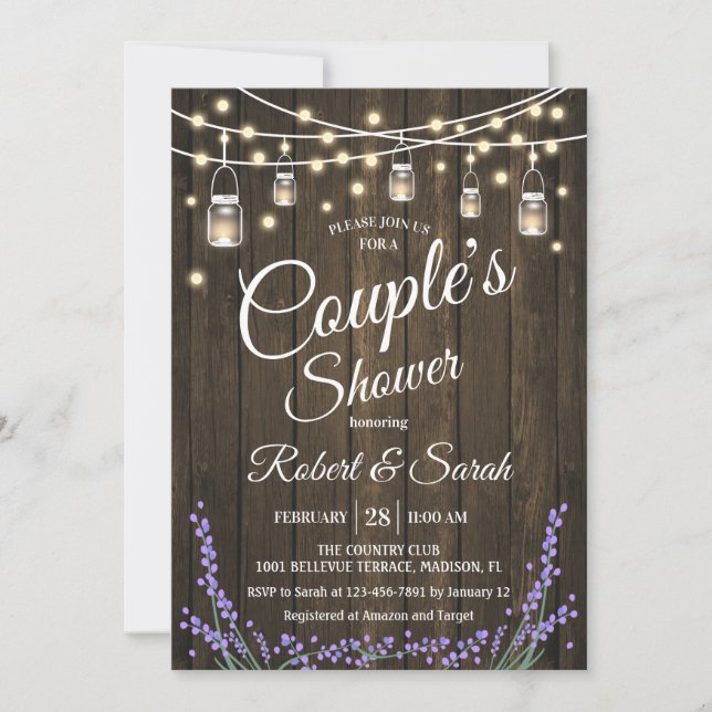 Invitation Douche Couple - Lavande Bois rustique (Devant)