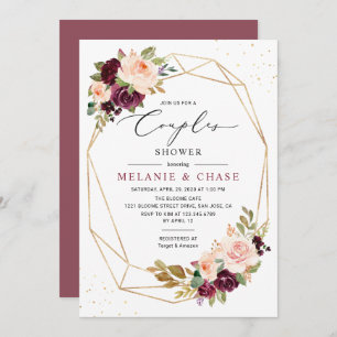 Invitation Douche Couples Blush Burgundy Géométrique Or