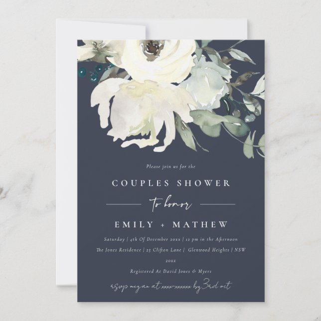 INVITATION DOUCHE COUPLES COUPLES COULEUR D'EAU EN FLORE BLAN (Devant)