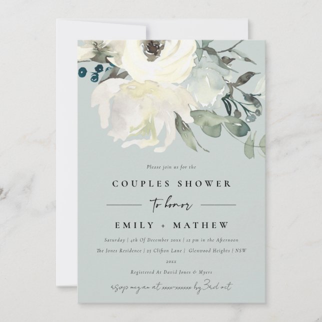 INVITATION DOUCHE COUPLES COUPLES COULEUR D'EAU EN FLORE BLAN (Devant)