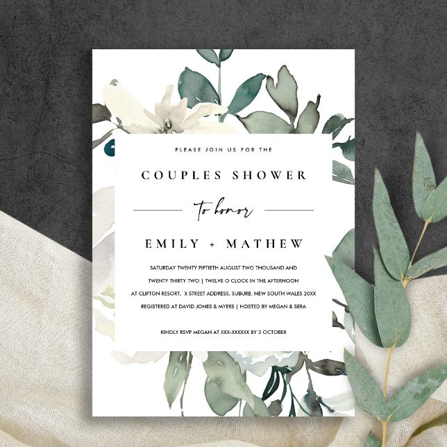 INVITATION DOUCHE COUPLES COUPLES COULEUR D'EAU EN FLORE BLAN (Créateur téléchargé)