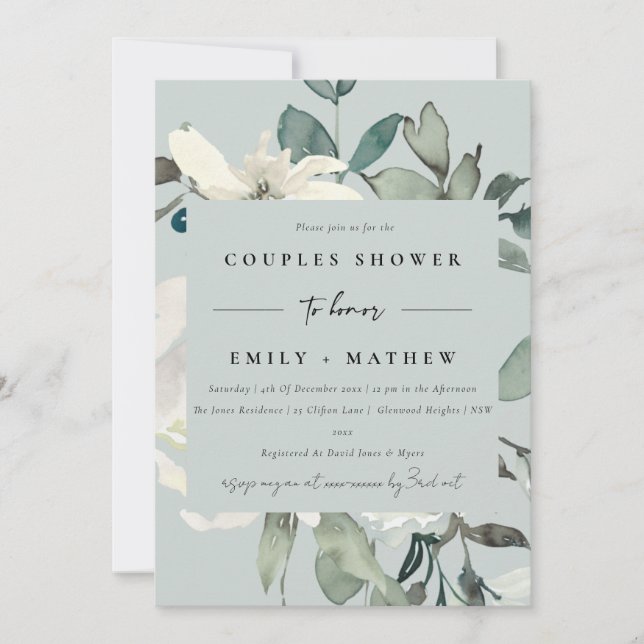 INVITATION DOUCHE COUPLES COUPLES COULEUR D'EAU EN FLORE BLAN (Devant)