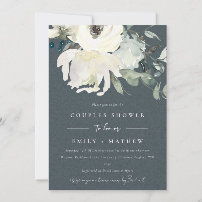 INVITATION DOUCHE COUPLES COUPLES COULEUR D'EAU EN FLORE BLAN (Devant)