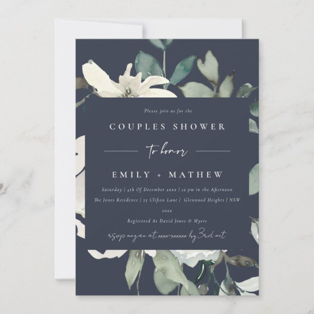 INVITATION DOUCHE COUPLES COUPLES COULEUR D'EAU EN FLORE BLAN (Devant)