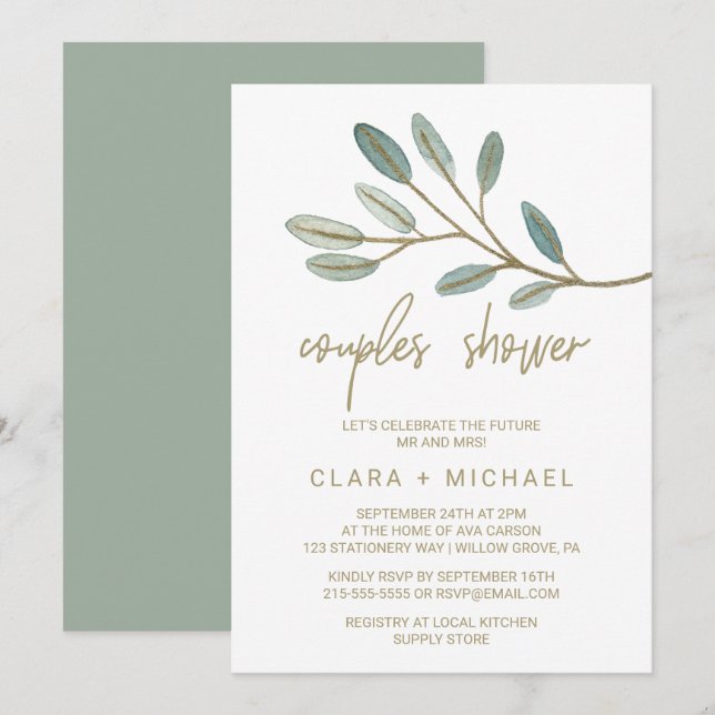 Invitation Douche Couples Eucalyptus Or Veiné (Devant / Derrière)
