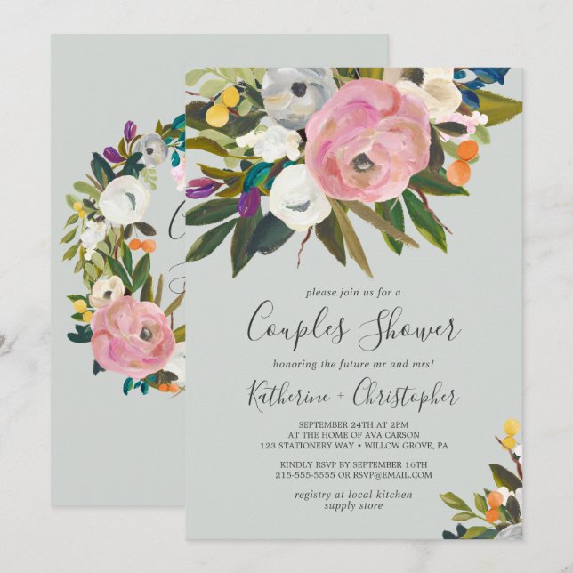 Invitation Douche Couples Floral Peint (Devant / Derrière)