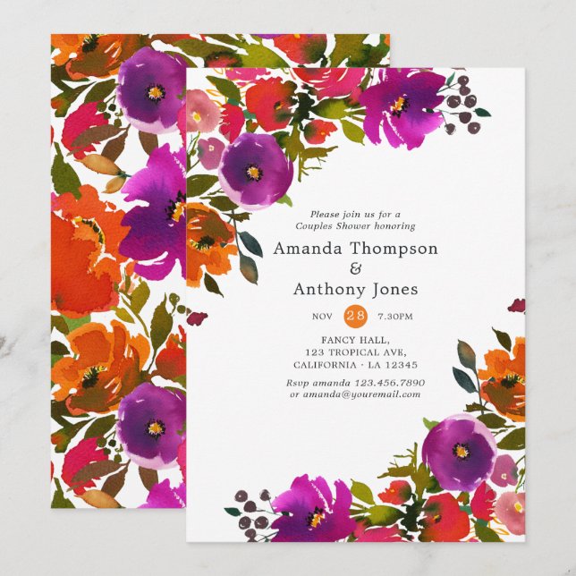 Invitation Douche Couples Floraux Violet et Orange (Devant / Derrière)