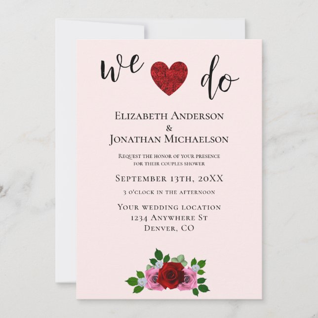 Invitation Douche Couples Roses Rouge et Rose (Devant)