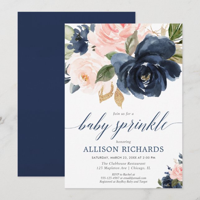 Invitation Douche d'arrosage pour bébé rose et bleu marine (Devant / Derrière)