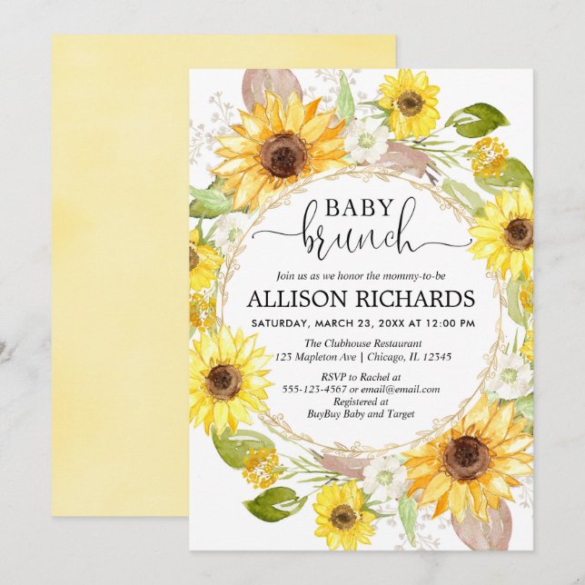 Invitation Douche de brunch de bébé de tournesols, neutre de (Devant / Derrière)