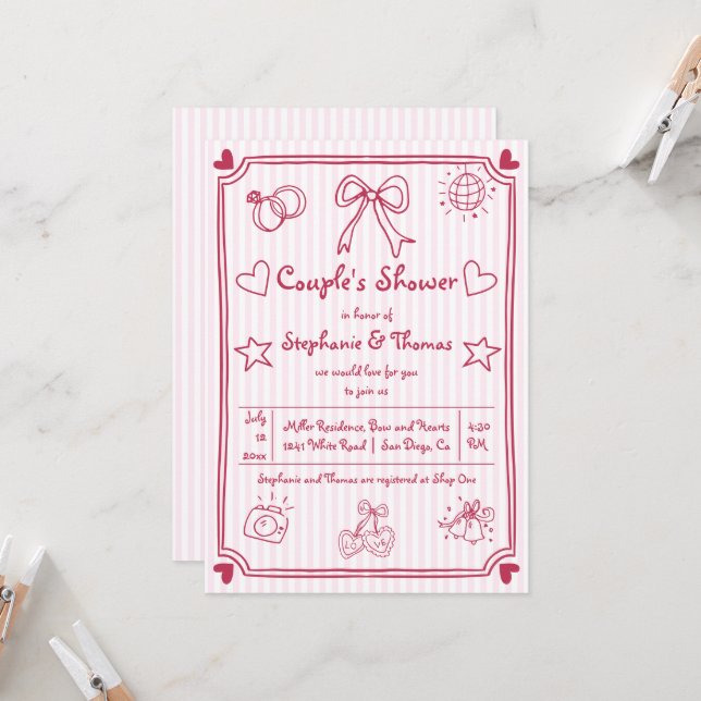 Invitation Douche de couple à rayures roses griffées (Devant/Arrière en situation)