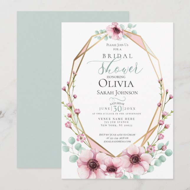 Invitation Douche de couple | Anémones roses et feuillage (Devant / Derrière)
