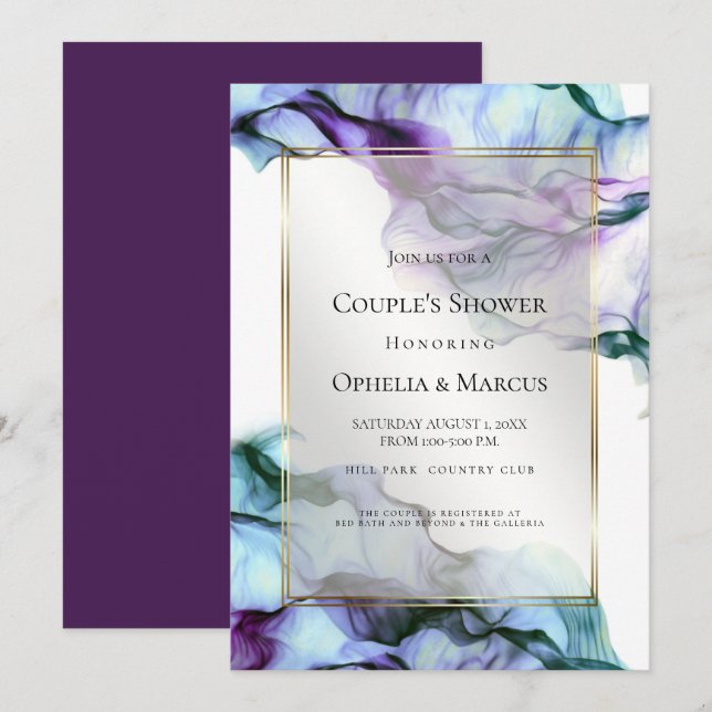 Invitation DOUCHE DE COUPLE | Aquarelle Abstraite Plum violet (Devant / Derrière)