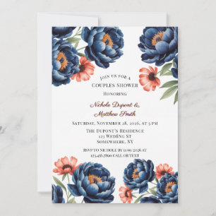 Invitation Douche de Couple aux Fleurs Bleu Marine et Orange 