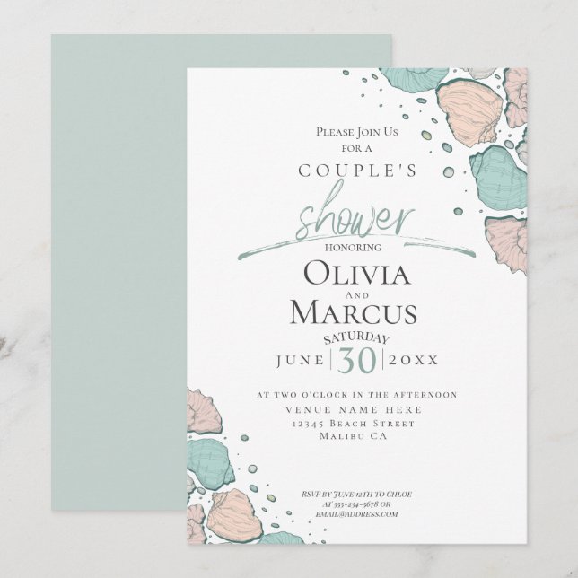 Invitation Douche de couple | Coquillages de plage Corail et  (Devant / Derrière)
