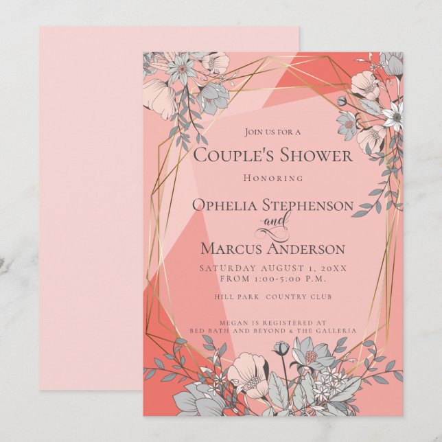 Invitation DOUCHE DE COUPLE Coral Floral Cadre géométrique Or (Devant / Derrière)