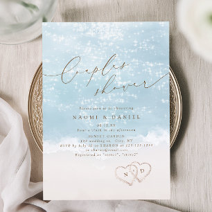Invitation Douche de couple de plage coeurs de sable de scrip