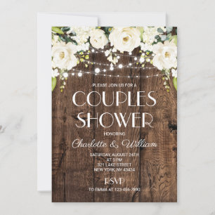 Invitation Douche de couple en bois rustique blanc floral