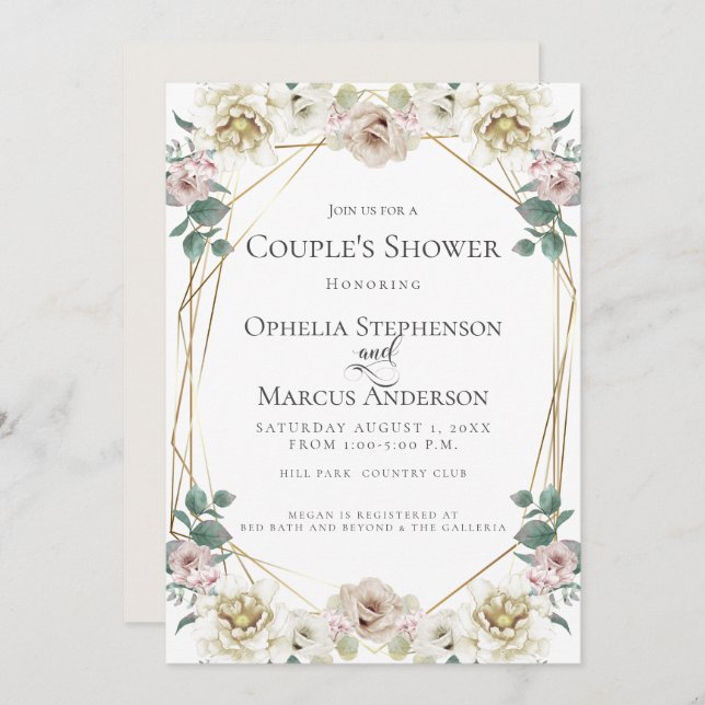 Invitation DOUCHE DE COUPLE | Floral d'ivoire romantique (Devant / Derrière)