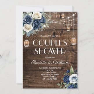 Invitation Douche de Couple Florale Bleu Marine Rustique