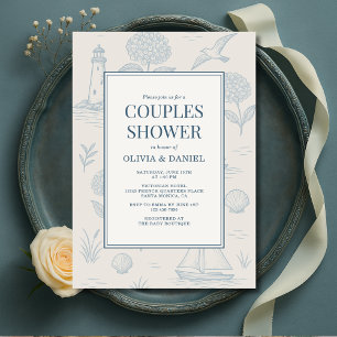 Invitation Douche de couple florale bleue toile française côt