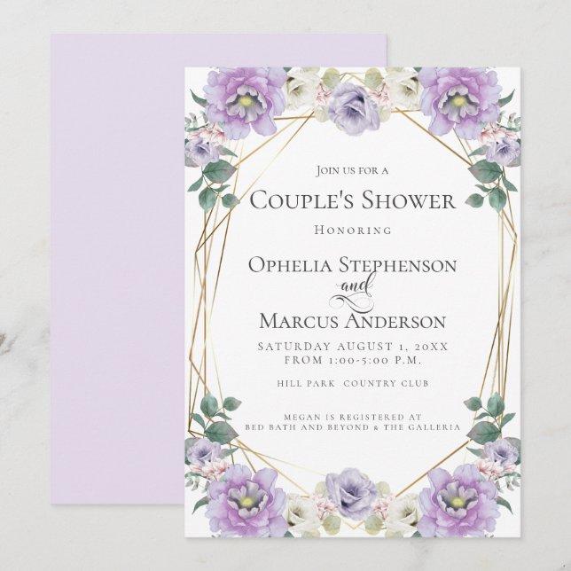 Invitation DOUCHE DE COUPLE | Lavender Peony Gold Frame (Devant / Derrière)