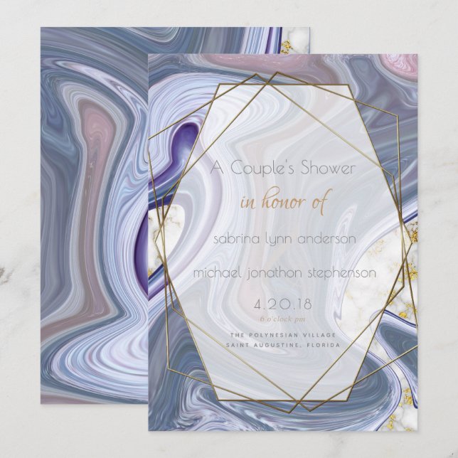 Invitation Douche de couple Marbleisé violet Rose Agate (Devant / Derrière)
