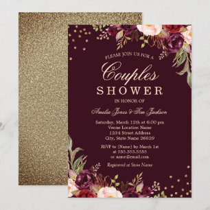 Invitation Douche de couple Or Bourgogne floral Étincelle