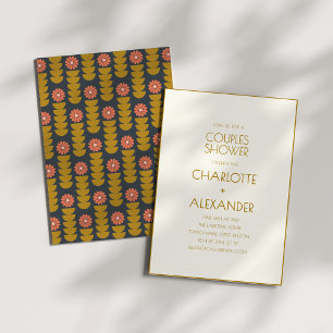 Invitation Douche de Couple Rétro Floral Navy Moutarde