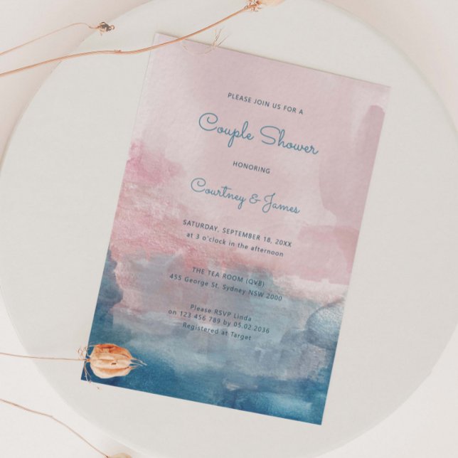 Invitation Douche de couple rose et bleu Aquarelle (Créateur téléchargé)